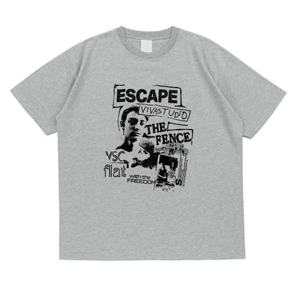Female Loose Cotton Short Sleeve Graphic Tops American Vintage Style Escape Printing Casual T Shirts Ins Fashion Crewneck Tees