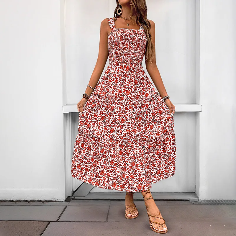 Elegant Floral Print Boho Women's Summer Long Dress Sexy Sleeveless Beach Sundress Casual Bohemia Backless Maxi Dresses Ladies
