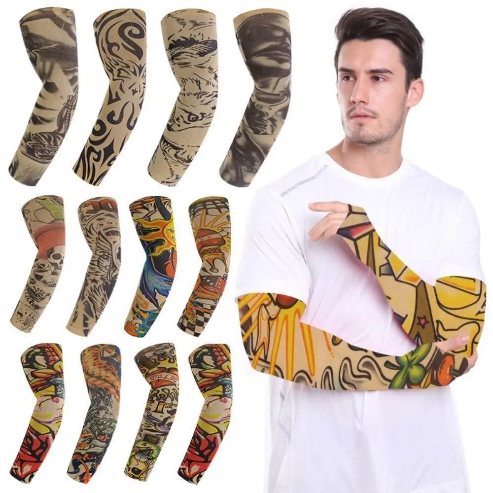 UV Protection Flower Arm Tattoo Sleeve Seamless Sunscreen Men Sunscreen Sleeve Thin Flower Arm Pattern Ice Silk Arm Sleeve