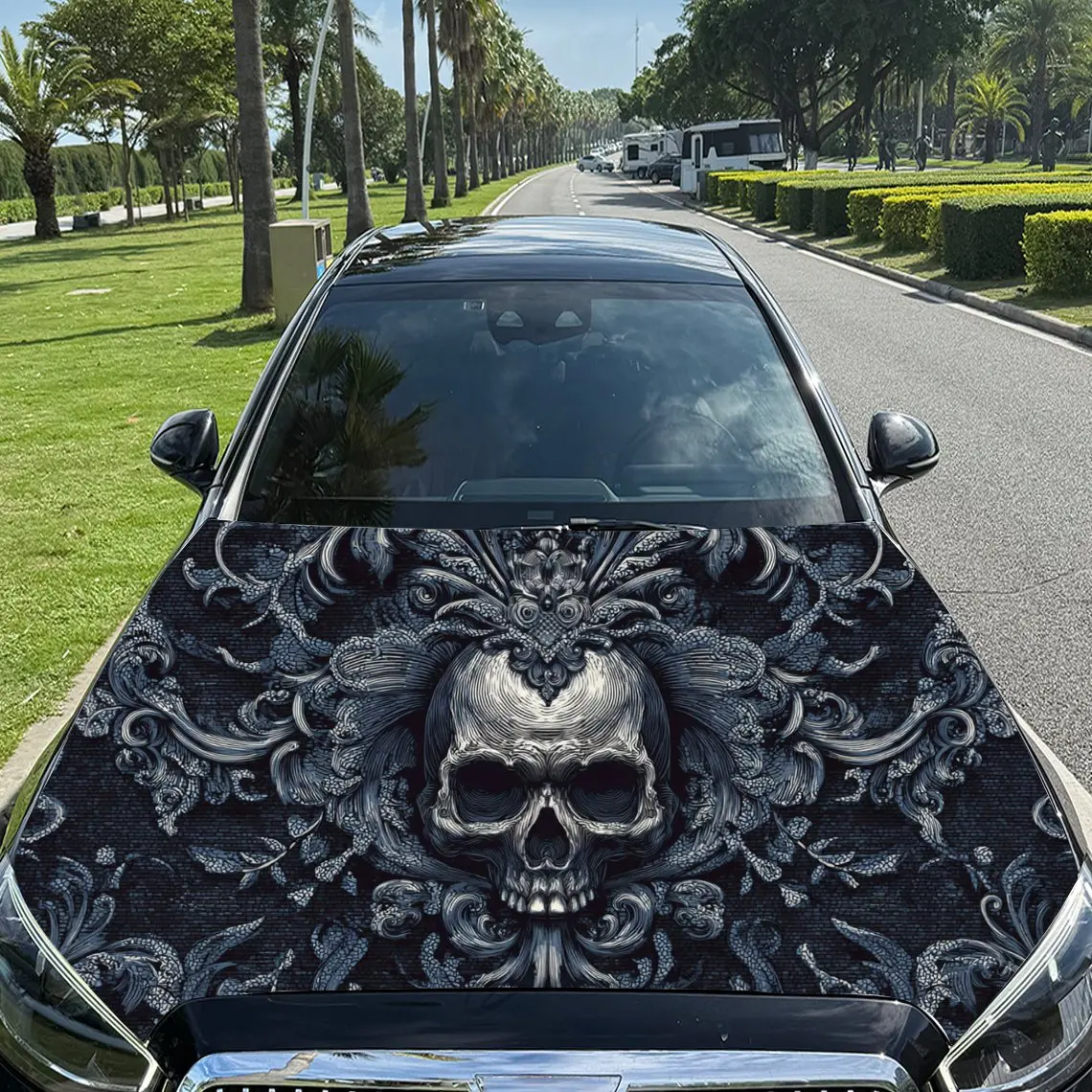 

Car Decal Skull with Ornamental Textural Elements in Artistic Dark Background & Gothic-Dramatic Visual Details Car Hood Sticker,