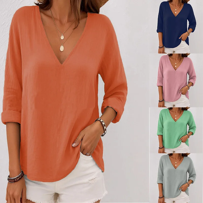 

Elegant Solid Color Women's Chiffon Blouses Autumn Casual V-neck Pullover Long Sleeve Shirts Loose 2025 Summer Shirt Top Ladies