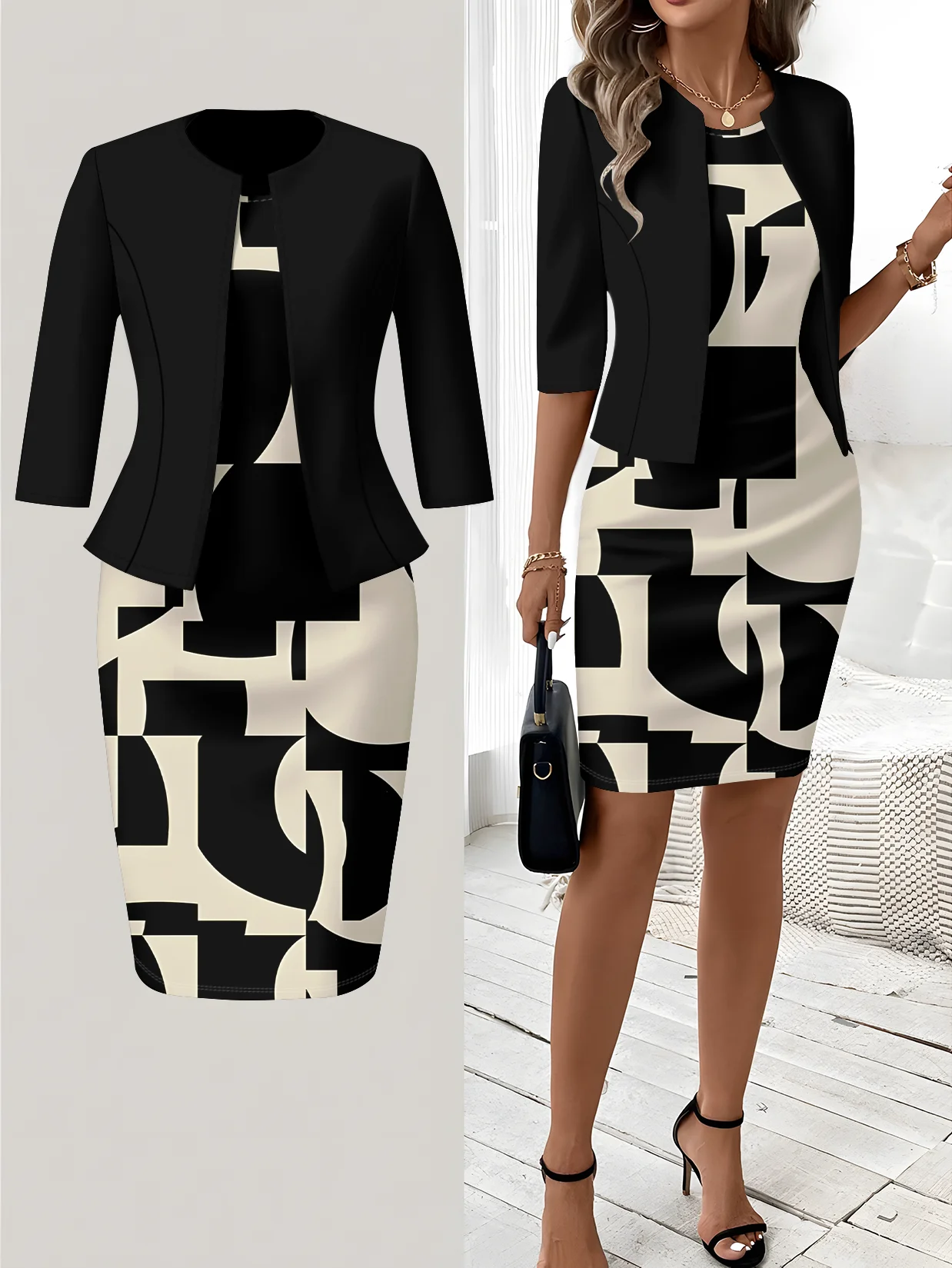 Printed Design Autumn and Winter collection casual style Black Geometric Pattern crew neck dress suit