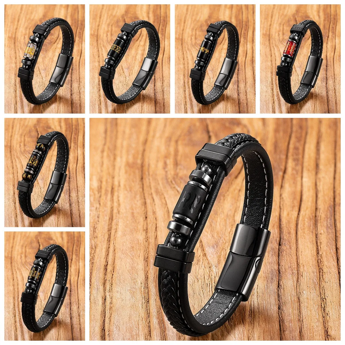 Tibetan Six Characters Mantra Bracelets Dragon Coin Pattern Leather Bracelet Buddhist Glass Stone Beads Meditation Men Women