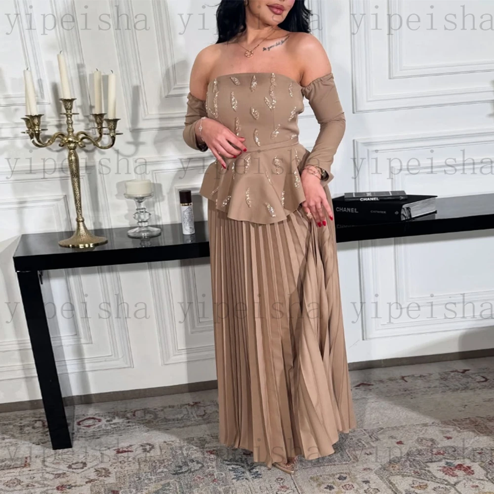 Vestidos de Noche sin tirantes personalizados con hombros descubiertos, vestido de fiesta de manga larga con apliques de encaje y lentejuelas plisado