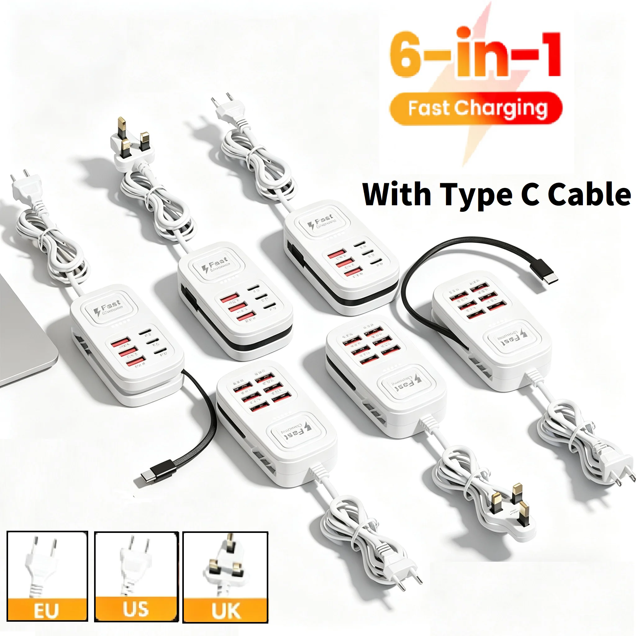 Carregador USB 6 em 1 PD Tipo C com Carregamento Rápido, Extensão de Cabo Tipo C, Tomada EU/UK/US, Adaptador Hub USB Multiportas
