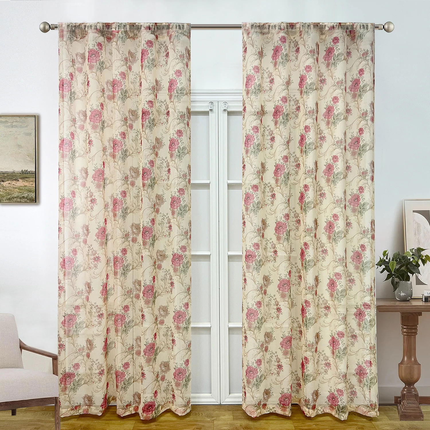 

French Country Print Tulle Sheer Curtains, Imitation Linen Flower Voile Vintage Farmhouse Curtains For Living Room, Bedroom