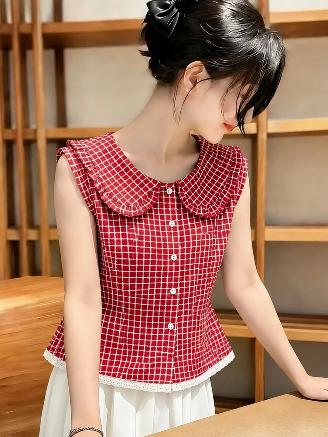 

Sweet Korean Style Plaid Doll Collar Slimming Shirt Sleeveless Summer Fashionable Versatile Women's plus Size Casual Top