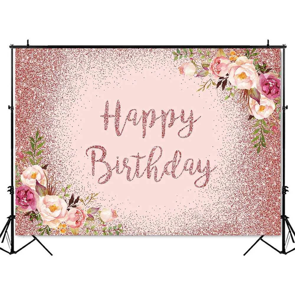 خلفية عيد ميلاد لامعة باللون الوردي لاستوديو الصور وزهور البطيخ وخلفية صور للفتيات الحلو 16 ديكور حفلات أعياد الميلاد للسيدات