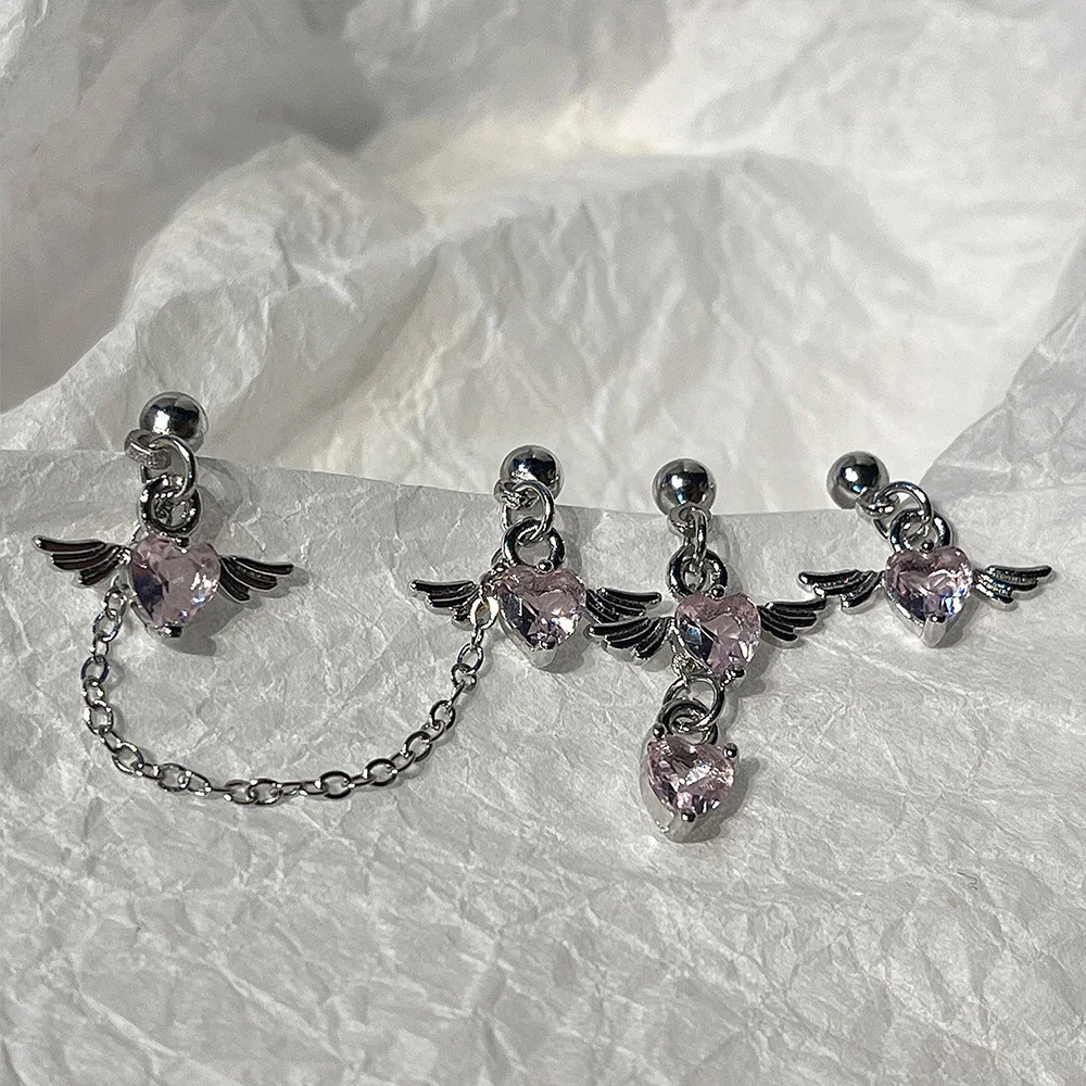 1pc Helix Piercing Chain Earrings For Women Sweet Cool Style Zircon Heart With Wings Double Screw Stud Ear Accessories KDE211 image 5