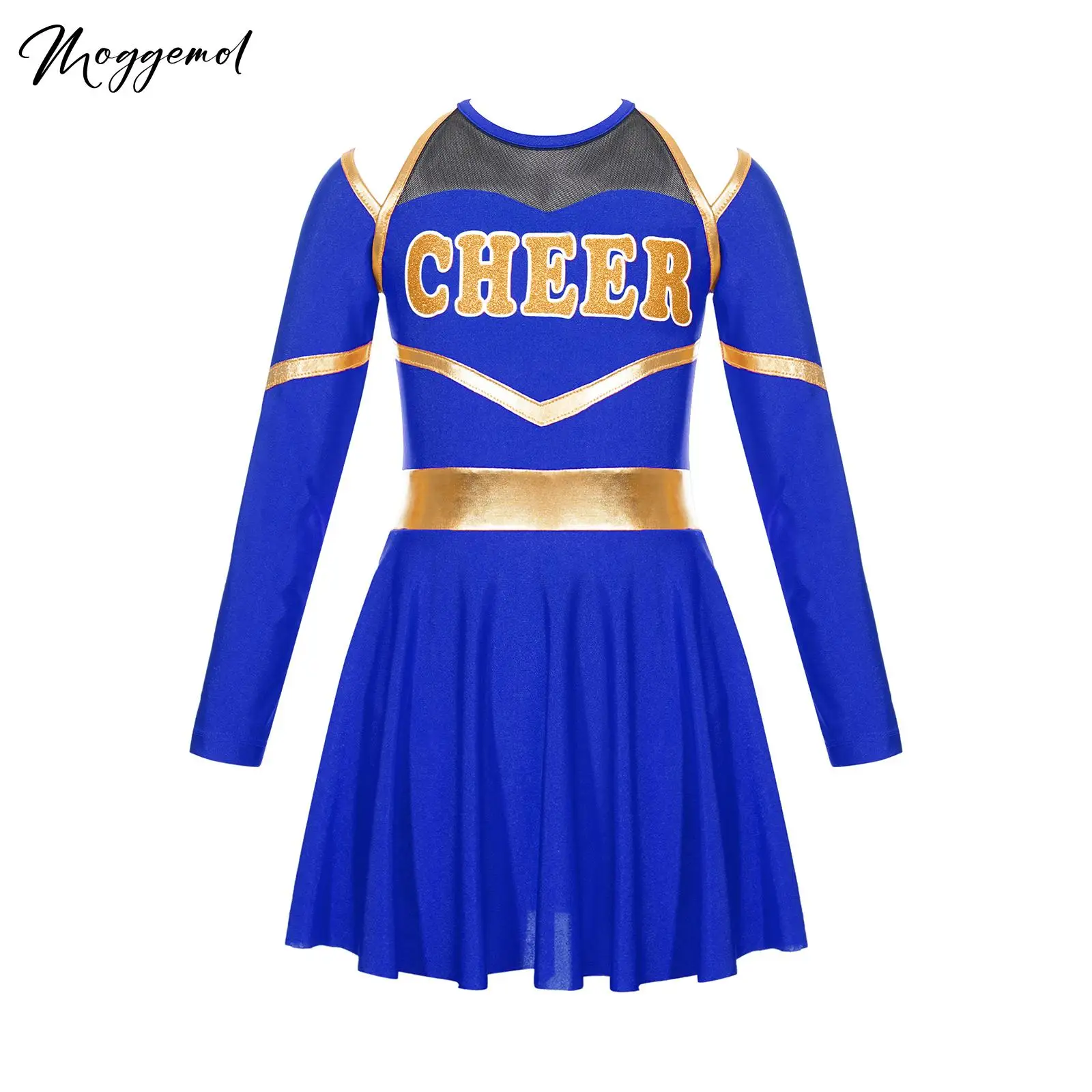 

Детские танцевальные наряды для черлидинга контрастного цвета для девочек, платье-купальник с открытыми плечами и замочной скважиной сзади, с длинными рукавами, костюм