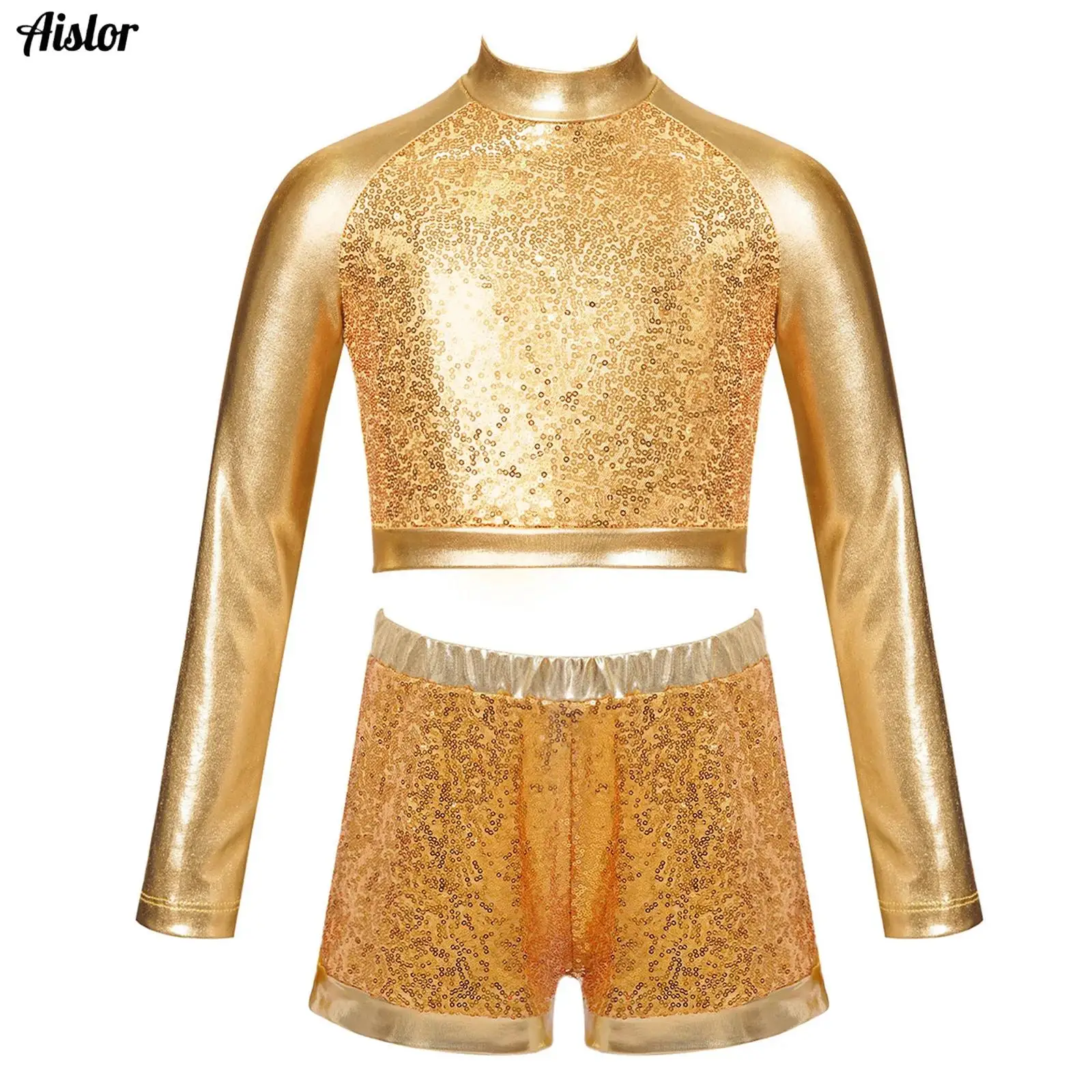 

2Pcs/Set Kids Girls Jazz Hip-hop Dance Outfit Mock Neck Long Sleeve Front Shiny Sequin Metallic Crop Top with Shorts Streetwear