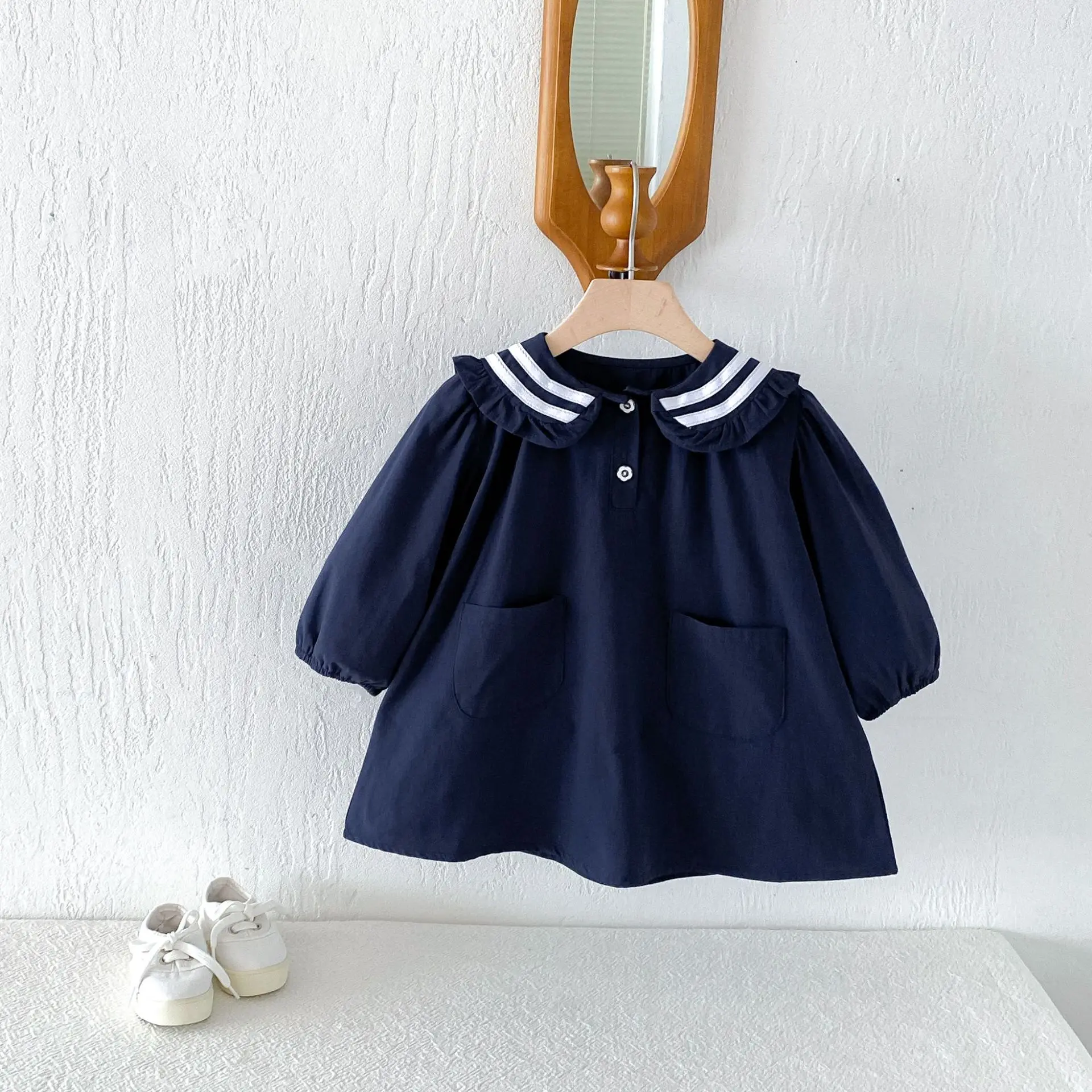 2026 Autumn New Girls Long Sleeve Sailor Collar Dress Children Preppy Style Dress Cotton Baby Girl Loose Dress Kids Clothes