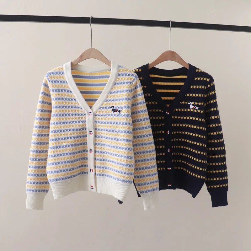 Autumn and Winter New Preppy Style Cute Youth-Looking Wave Striped Puppy EmbroideryVCollar Long Sleeve Knitted Cardigan Jacket