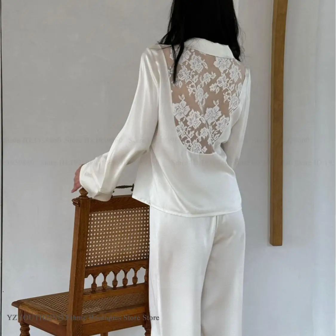 

Sexy Back Perspective Lace Lingerie Pijamas Suit Homewear Elegant French Style Ice Silk Pajamas Set Women Trouser Lounge Wear
