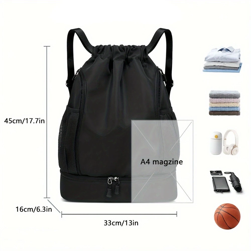 Large Capacity Sports Drawstring Backpack with Shoe Compartment Oxford Cloth Drawstring Sports Bag Adjustable Straps Lightweight
