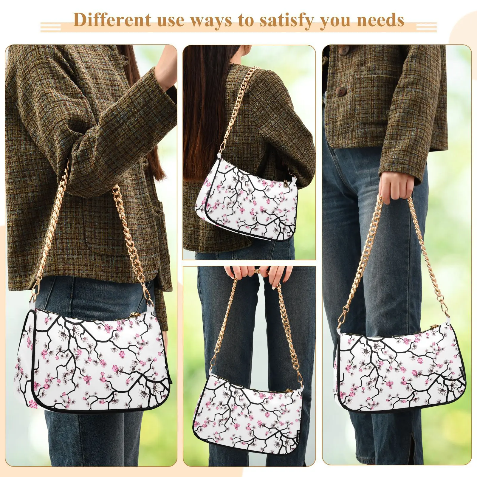 Fashion Women's Shoulder Bag Polyester cherry blossoms print Chain Handbag Females Underarm Mobile phone bagShopping Bag New