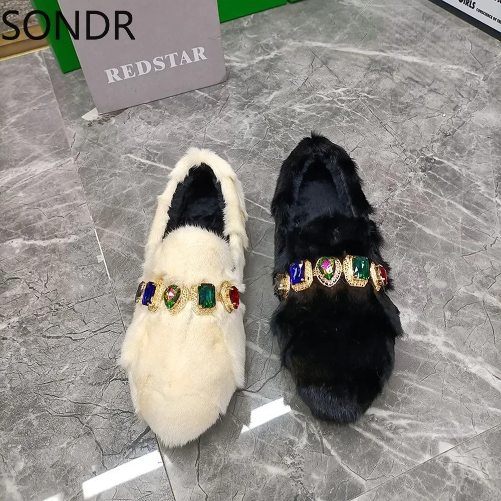 Womens Real Mink Fur Rainbow Colors Loafers Rhinestones Crystal Chain Flats Shoes Diamonds Luxury 7Colors New 2024