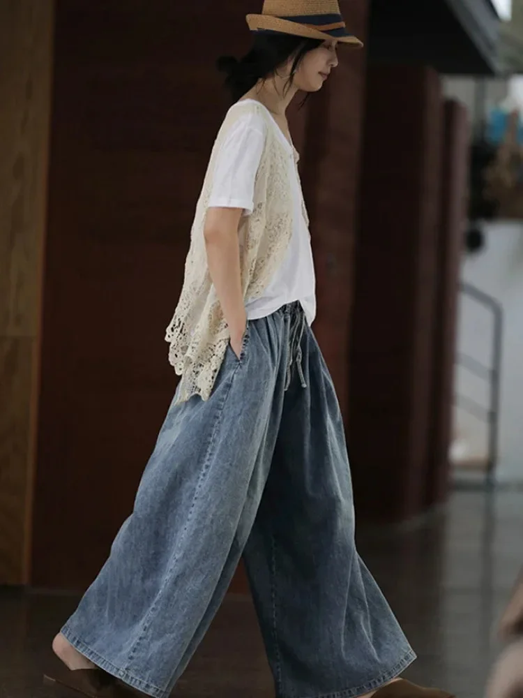 Amax luluE 2024 Korean Fall Fashion Womens Loose Denim Wide Pants Ladies Casual Oversized Jeans Luxury Classic Vintage Trousers