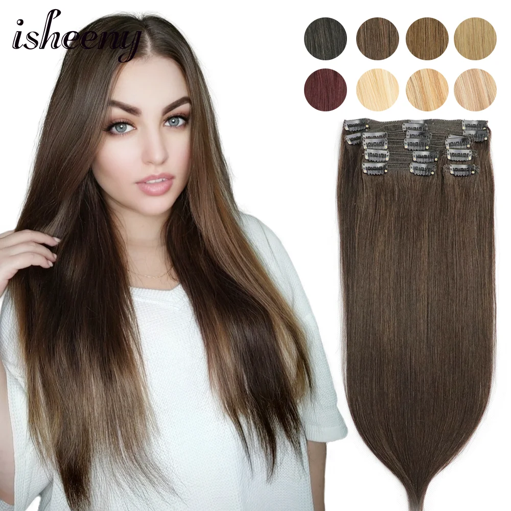 Isheeny Clip in Human Hair Extensions Straight 14"-24" Invisible Clip Hair Pieces Full Head Natural Seamless 8pcs/set For Women