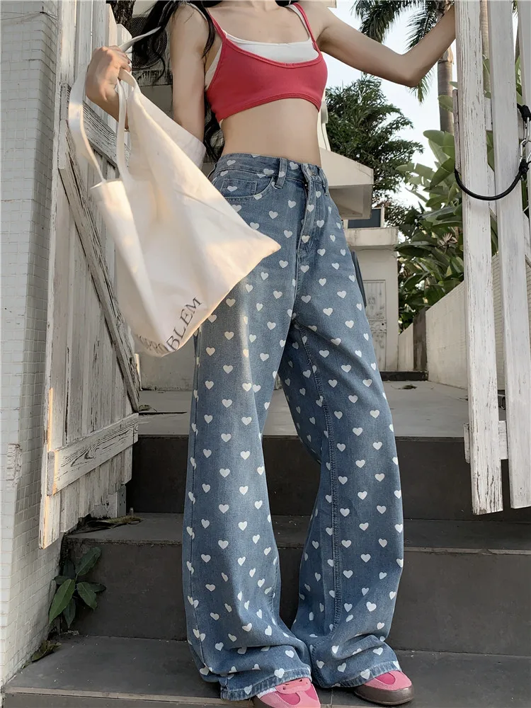 2026 Ropa Y2K Mode mit Herzmuster Bedruckte Baggy Jeans für Damen Kleidung Weites Bein Kpop Casual Damenhose Pantalon Femme – Detail 7