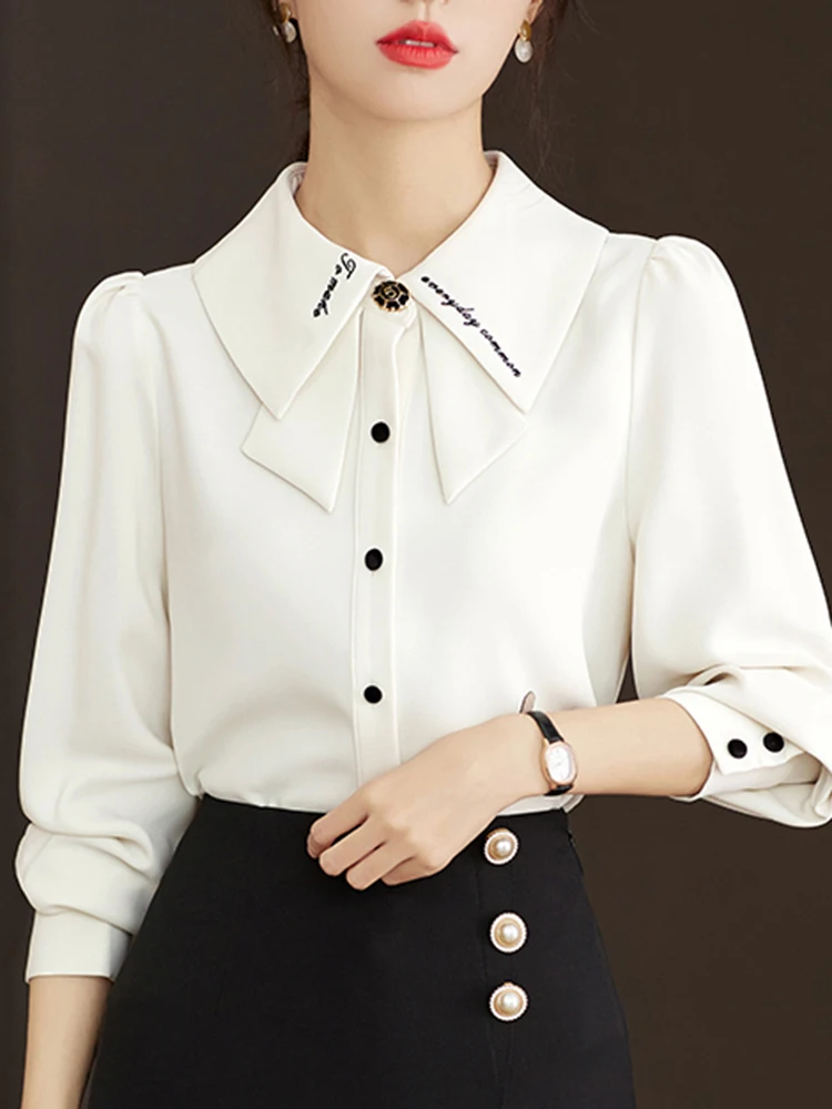 Solid Color Casual Women Blouses French Retro Loose Button Up Long Sleeve Lady Shirts Tops Basic Lapels Shirt