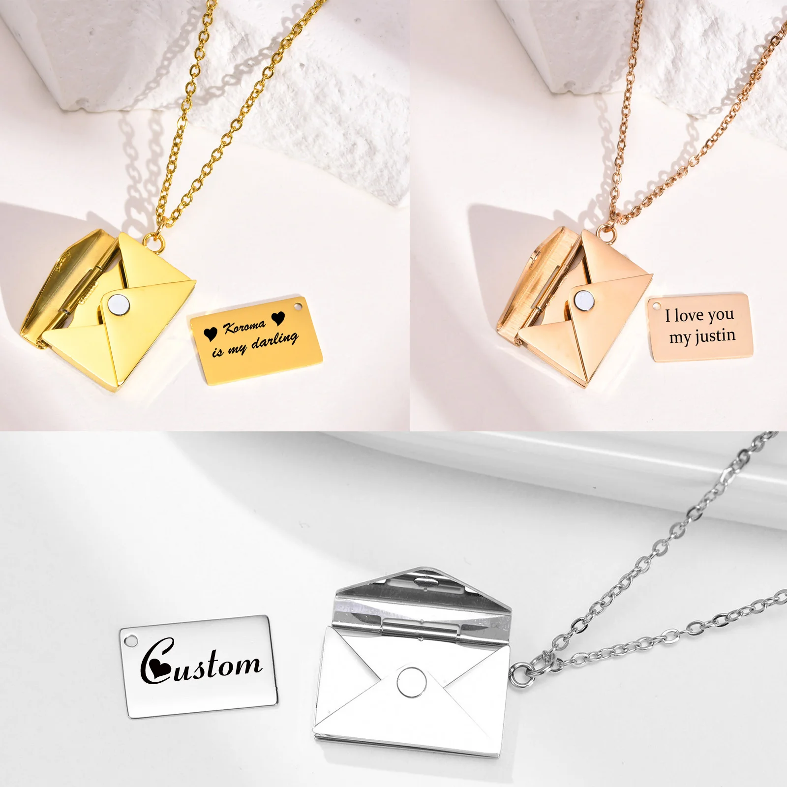 Customzied Envelope Locket Necklace Pendant For Women, Stainless Steel Love Letter Engrave Personalized Secret Message Jewelry