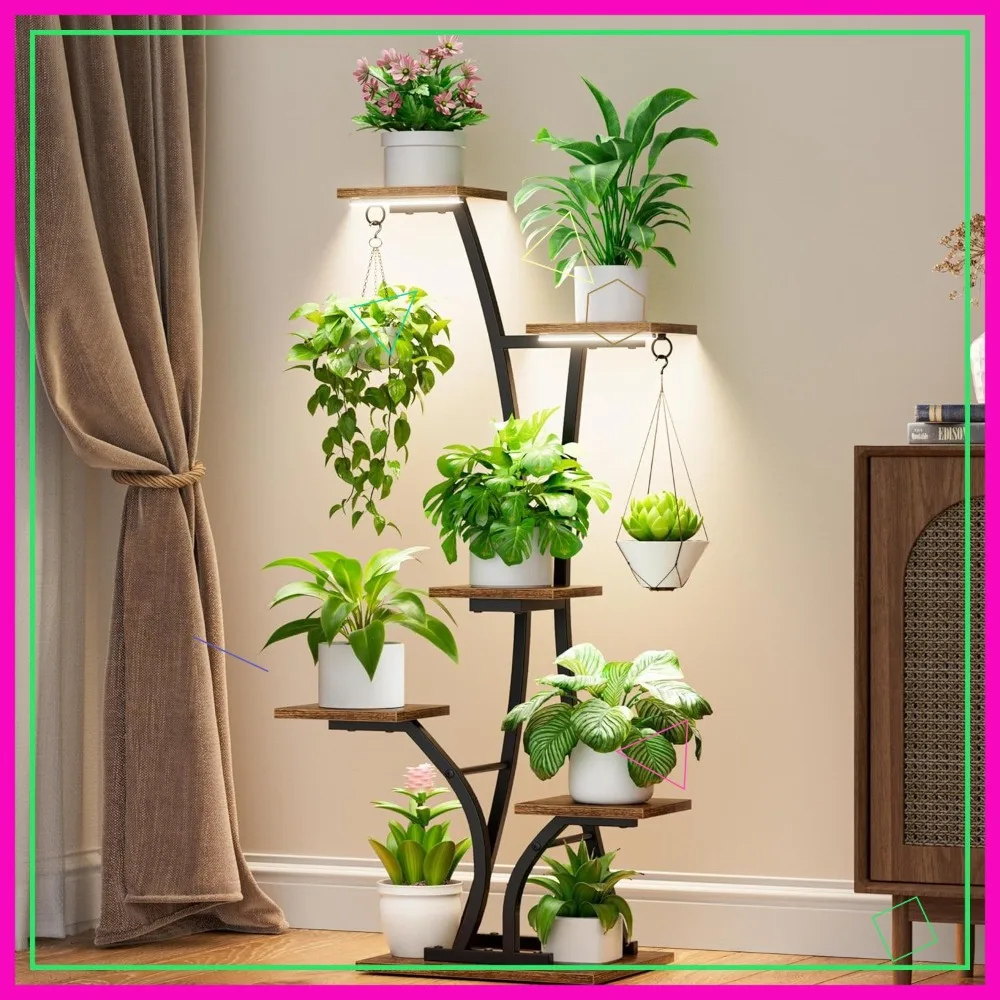 

6-Tier Metal Plant Stand with Grow Light, 45" Indoor Plant Shelf for Living Room Balcony Bedroom, Black