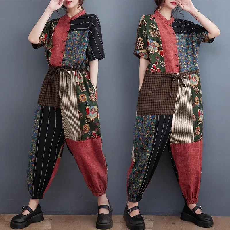 

High Quality Jumpsuit Women's Summer Short Sleeve 2023 Vintage Art Print Patchwork Loose Personality Overall Long Pants Z2282