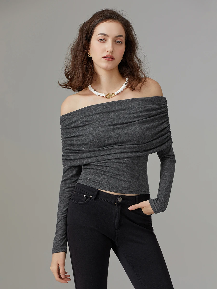 Women s Off Shoulder Cropped Tops Solid Color Long Sleeve Boat Neck Ruched  Fit T-Shirts