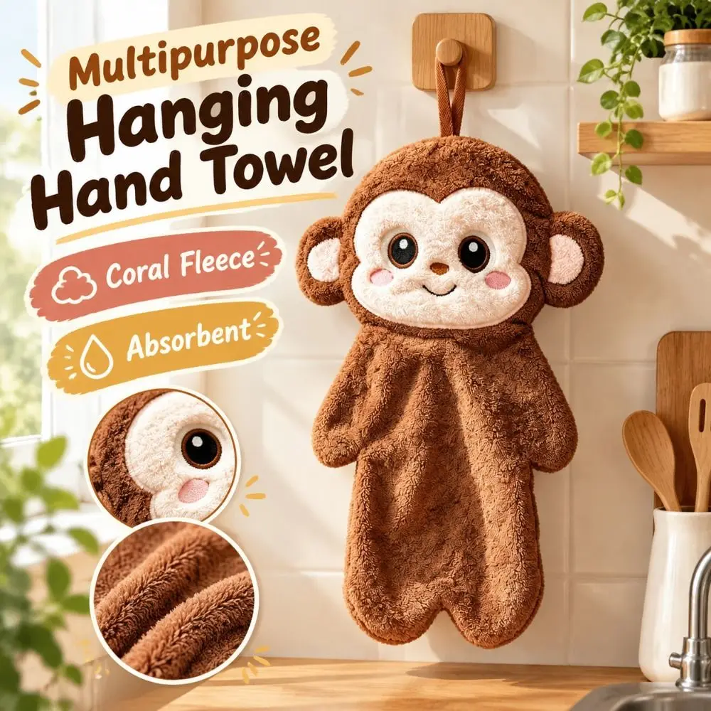 Cute Monkey Shape Hanging Hand Towel Absorbent Quick Dry Coral Fleece Towel Thickened Odor Resistant Cartoon Hand Cloth Kitchen