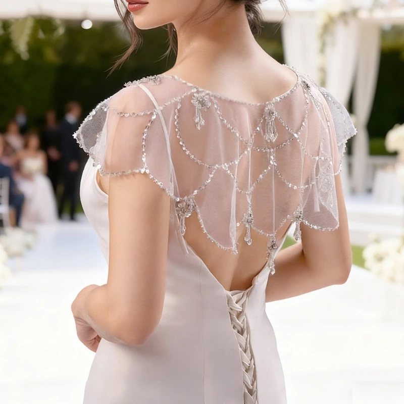 Embellished Fringe Bridal Wrap Sheer Mesh Shoulder Cover for Reception Dresses Ceremony Photos and Formal Outfits D0UB