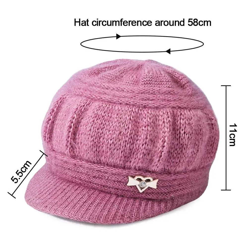 Women's Fashion Knitted Wool Hat Solid Color Windproof Plush Cap Winter Headwear Middle Aged