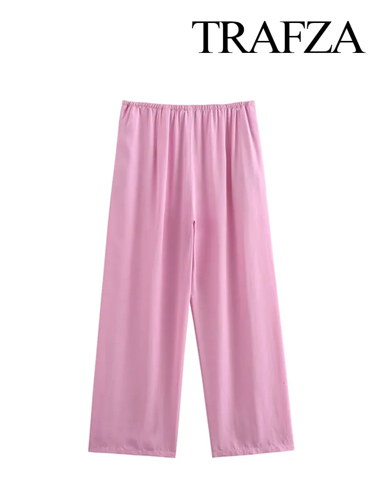 New Summer New Fashion Women Long Pink Mid-Waist Lace-Up Decorate Button Trousers Female High Street Wide Leg Pants