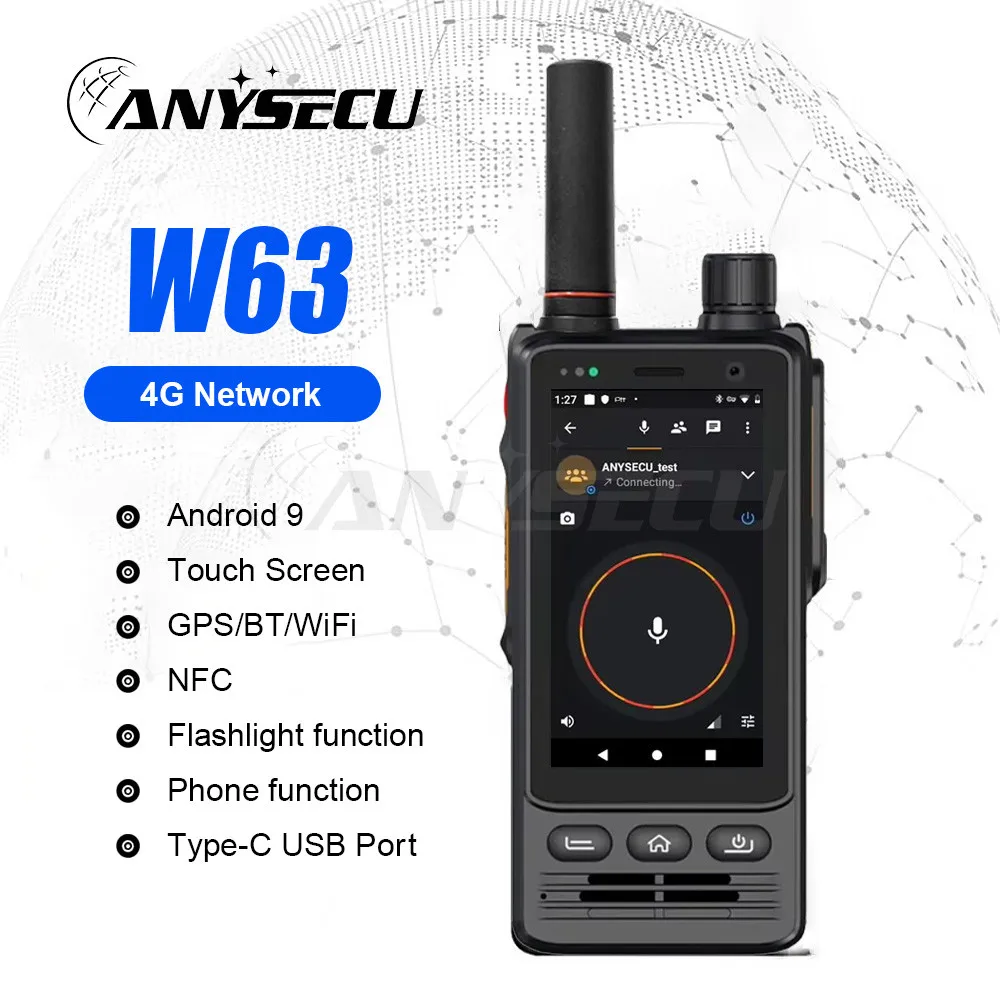 ANYSECU 4G W63 Walkie Talkie Real PTT & Zello PTT Radio IP68 Remote Walkie-talkie Single Call And Group Call MTK6739