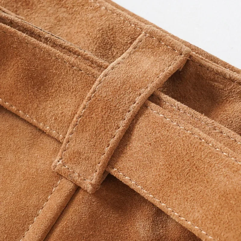 Summer Women Autumn Suede Leather High Waist Pencil Skirt Casual Soft Bandage Vintage Mini Suede Skirt