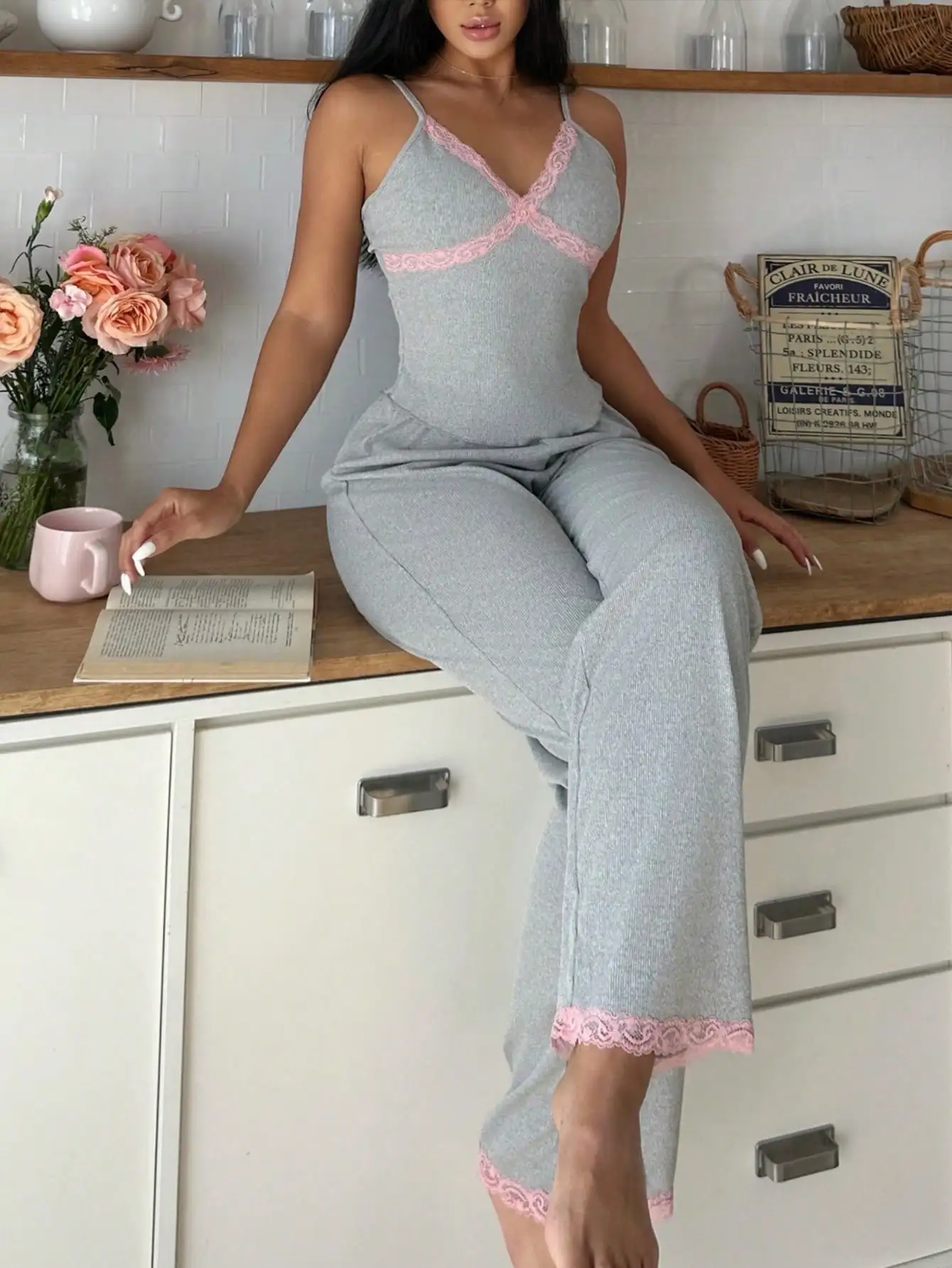 

Gray Lace Trim Cami Top and Wide-Leg Pants Pajama Set for Women