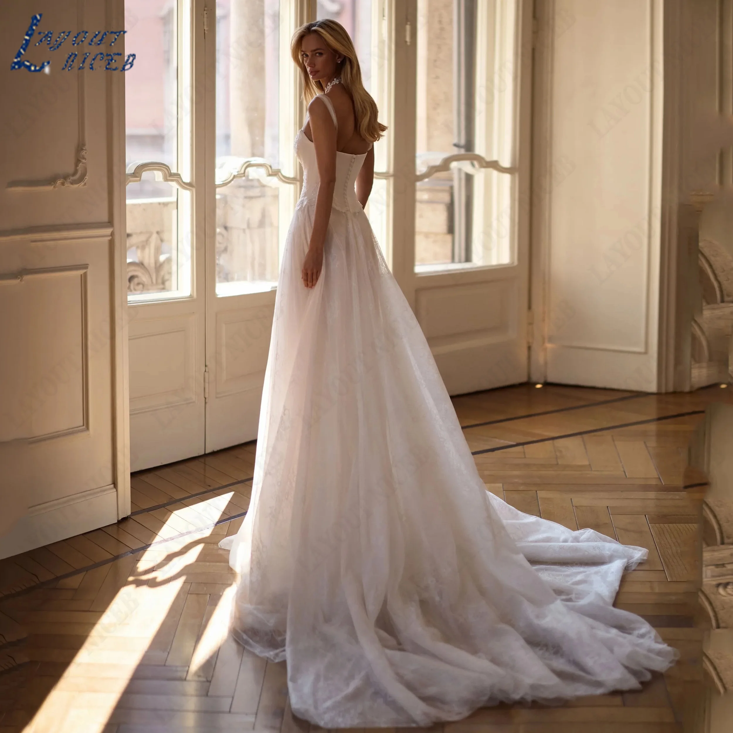 LAYOUT NICEB Customized Square Neck A Line Wedding Dress Spaghetti Straps Gown For Bride With Slit Lace Tulle Bridal Gowns