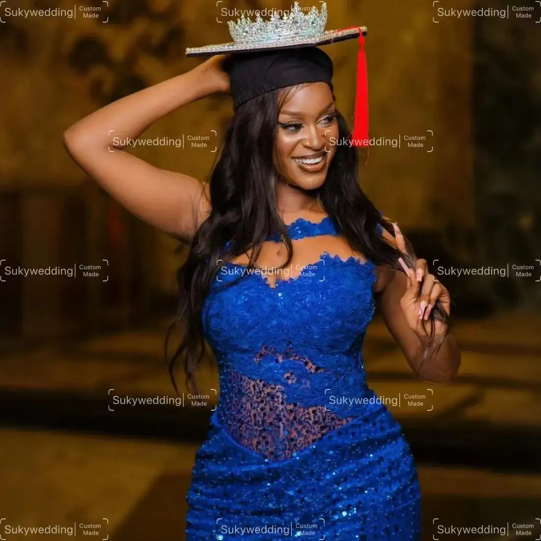 Royal Blue Aso Ebi Cocktail Jurken Sparky Korte Prom Jurken Pure Mini-jurk Verjaardag Graduatie Homecoming Jurken aangepast