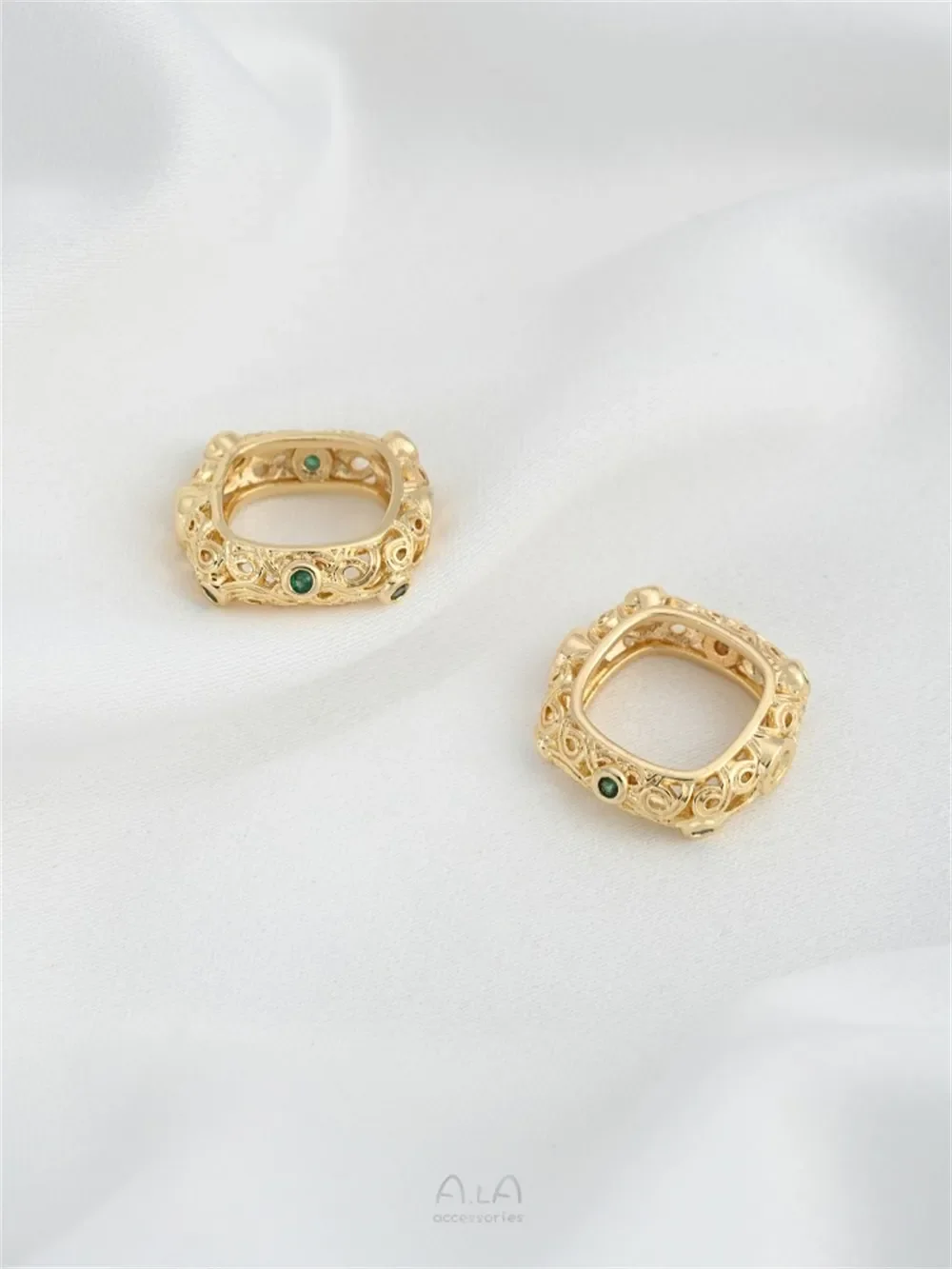 14K Gold Inlaid Green Zircon Hollow Lace Box Set Bead Ring Diy Handmade Beaded Bead Ring Accessories K919