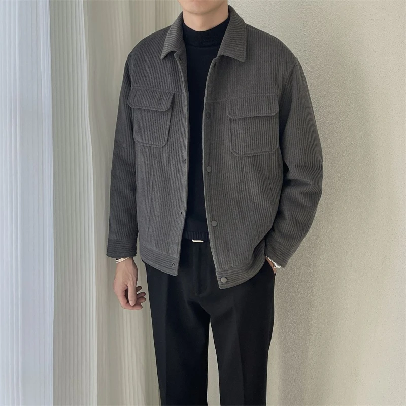 ​Autumn Spring Men's Corduroy Jacket Military Collared Short Jacket Loose Fit Stylish Workwear for Daily Wear​