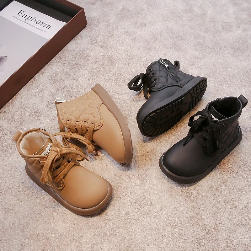 

Kids Short Boots Korean Style Children Ankle Boots Versatile Round Toe 2025 Winter New Boys Girls Leather Boots with Side Zipper