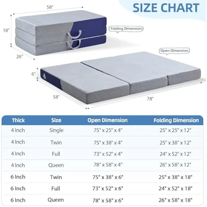 Foldable Queen Mattress 6 Inch Thick, Cooling Gel Memory Foam Core, Breathable Polyester Cover, Machine Washable Zippered Design