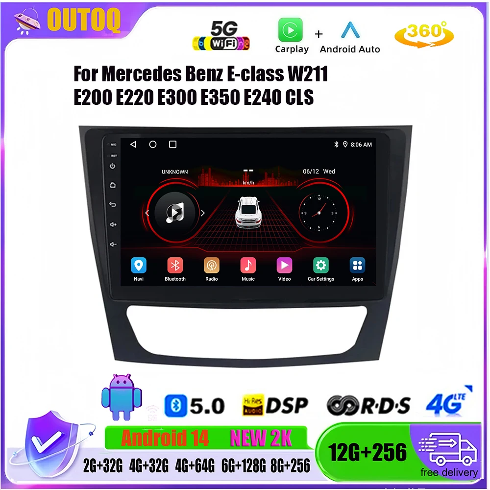 

for Mercedes Benz E-class E Class W211 E200 CLS 2002-2010 Auto Car Radio 2Din Android 14 Screen Carplay Stereo RDS BT Head Unit