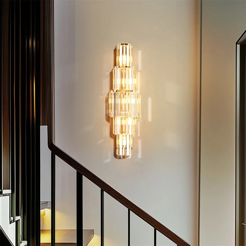 Luxury Tiered Vertical Crystal Wall Sconce Gold Frame Long LED Wall Lamp for Villa Hallway Hotel