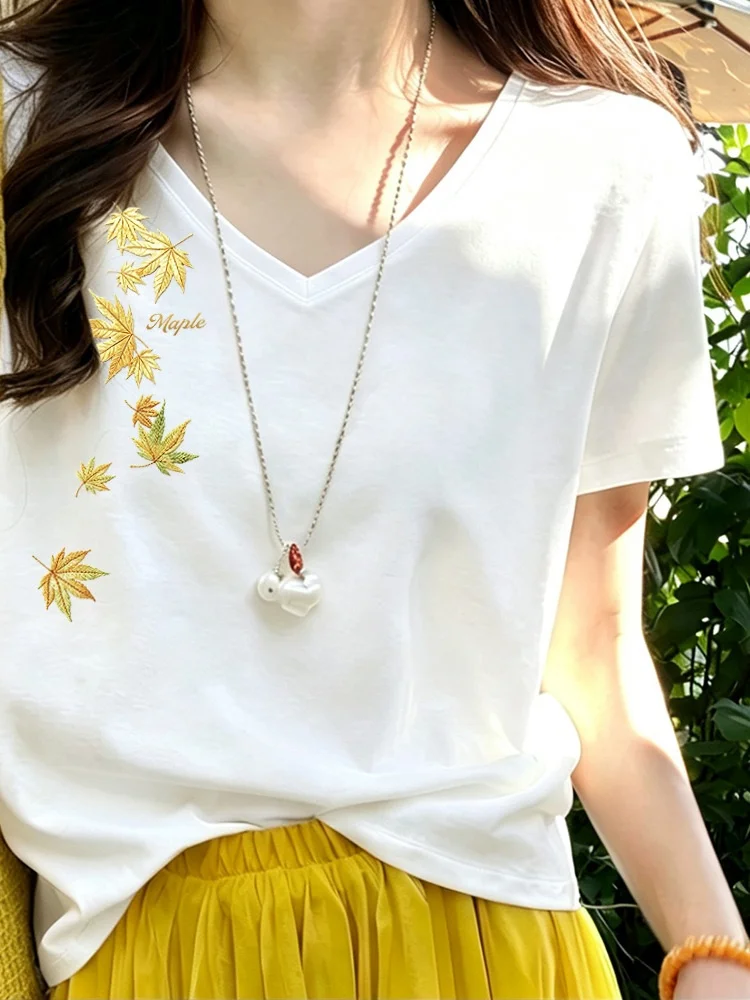 

Pure Cotton V-Neck Women's Summer T-Shirt Top Korean Style Slimming Base Layer Shirt Short Sleeve Breathable Skin-Friendly
