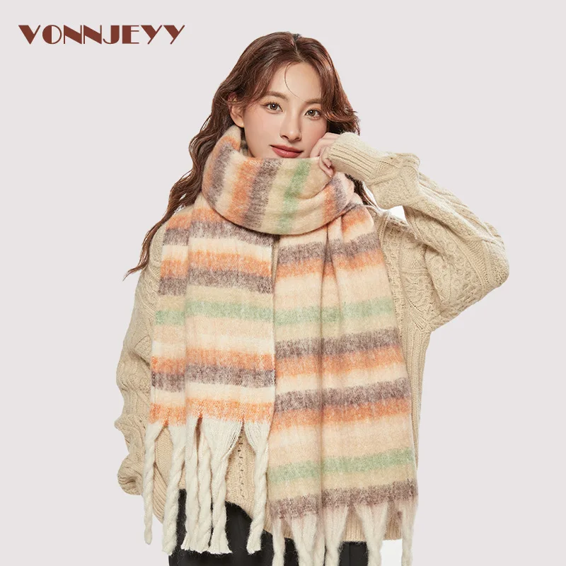 

2024 Winter New Soft Waxy Warm and Versatile Scarf, High-end Striped Shawl, Fashionable Thickened Neck