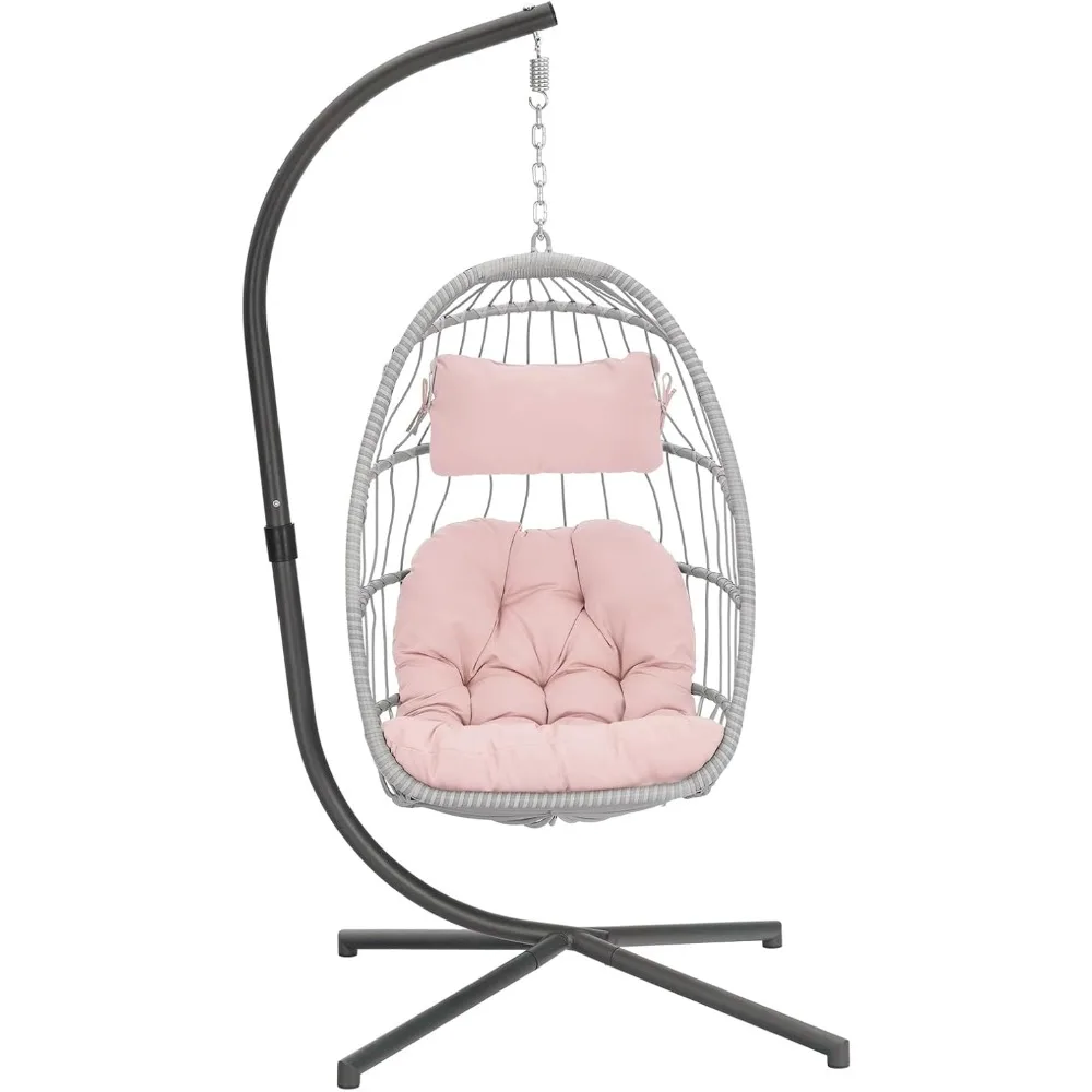 Hanging Chair with Stand,Patio Wicker Pink Swing Chair Hammock Egg Chairs with UV Resistant Cushion for Indoor,  Garden,Backyard