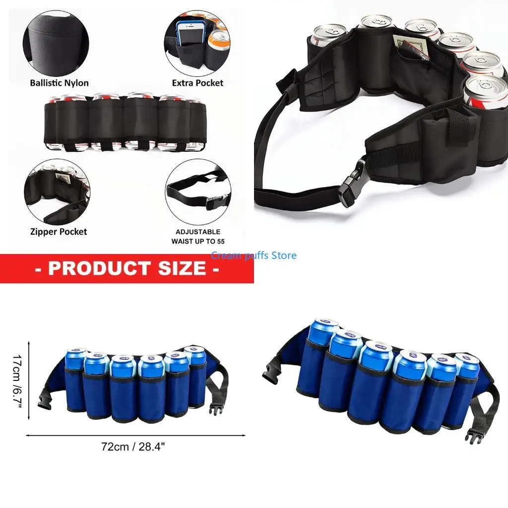 50LE Beer Belt,Beer Sodas Belt Holder,Adjustable 6 Beer Waist Pack Bottle Holders