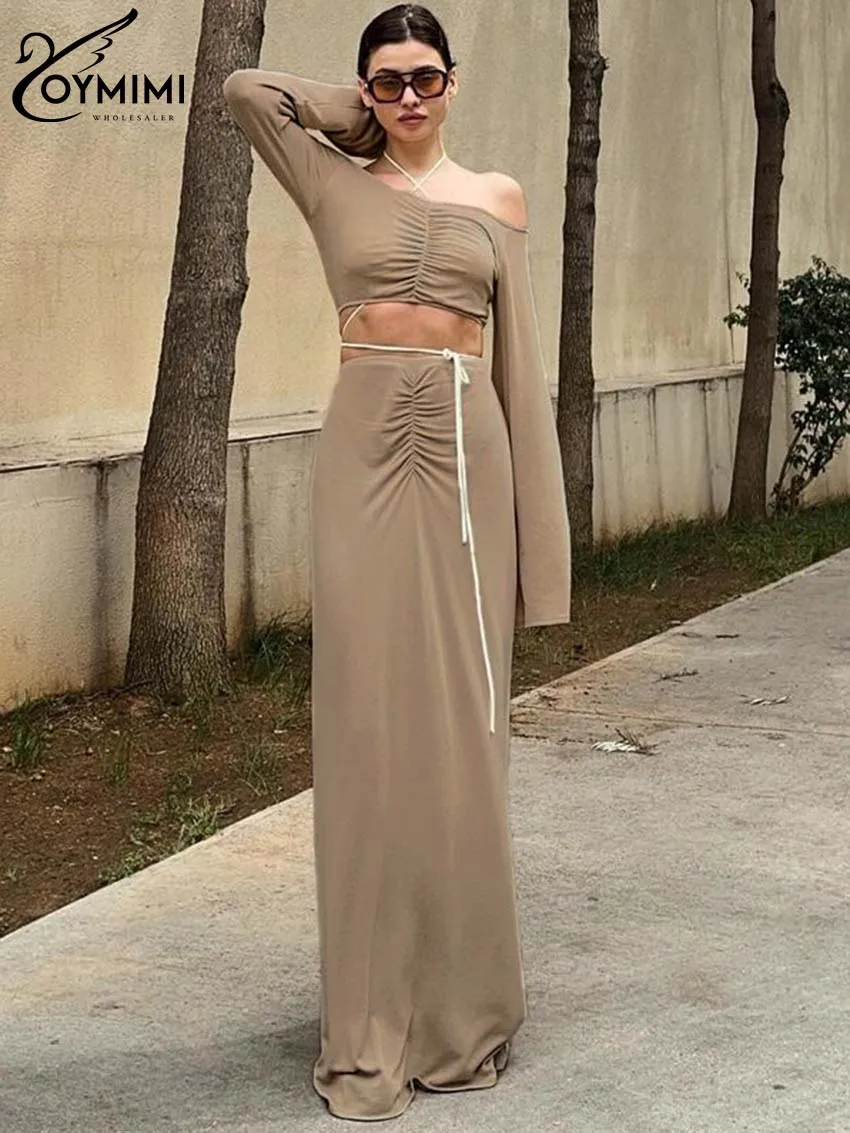 

Oymimi Fasahion Brown Slim Sets For Women 2 Pieces Elegant Long Sleeve Strapless Crop Top And High Waist Floor-Length Skirts Set