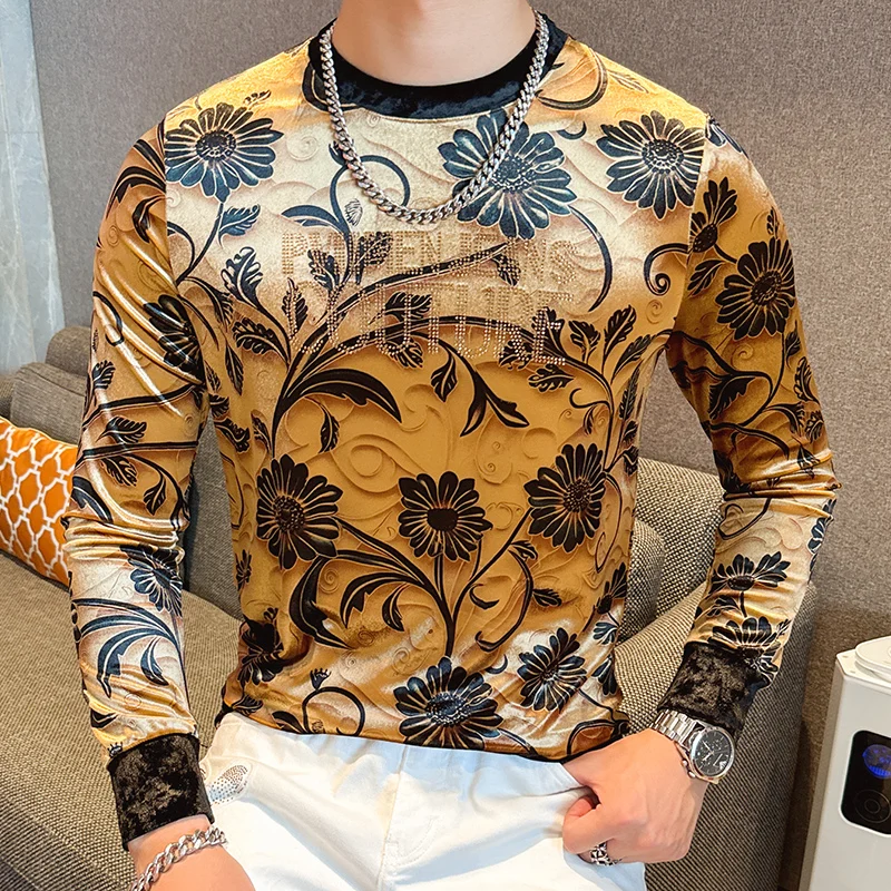 Velvet Streetwear T Shirt For Men Long Sleeved Rhinestone Print Autumn Quality Soft Comfortable Slim Fashion Camisetas De Hombre